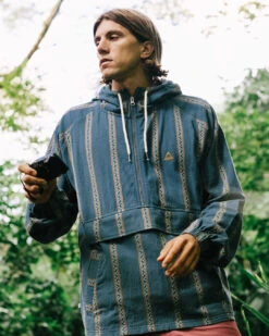 Dune 1/2 Zip Organic Cotton Hoodie - Mediterranean Geo Stripe -Passenger Clothing Store DuneWoven1 2ZipHoodie MediterraneanGeoStripe 4 5Ratio 2